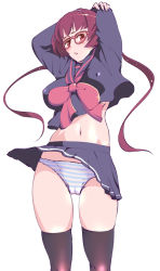1girl arms_up black_thighhighs breasts character_request covered_erect_nipples female_focus glass glasses long_hair looking_at_viewer medium_breasts midriff navel open_mouth panties pantyshot red-framed_eyewear red_eyes red_hair school_uniform skirt solo striped_clothes striped_panties thighhighs touge_hiro underwear upskirt