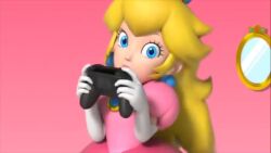 1girl 3d animated blonde_hair blue_eyes brooch crown dress earrings elbow_gloves eyebrows eyelashes female_focus gloves highres holding jewelry lips long_hair looking_at_viewer mario_(series) nintendo nintendo_switch nintendo_switch_pro_controller official_art pink_dress princess_peach smile solo tagme video white_gloves