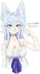 1girl animal_ears armpit_crease blue_eyes blush breasts choker cleavage copyright_name cropped_torso dress extra_ears fenrys grey_choker hair_between_eyes highres large_breasts long_hair looking_at_viewer lv2_kara_cheat_datta_moto_yuusha_kouho_no_mattari_isekai_life mind_vision open_mouth playing_with_own_hair pointy_ears simple_background slit_pupils smile solo strap_slip white_background white_dress white_hair wolf_ears