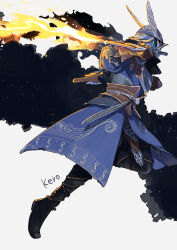 Rule 34 | 1boy, armor, black boots, blue surcoat, boots, brown gloves, elden ring, elden ring nightreign, fire, flaming sword, flaming weapon, from side, gloves, greatsword, helmet, highres, jumping, kero 1110, knees up, signature, solo, star (sky), sword, weapon, white background, winged helmet, wylder (elden ring)