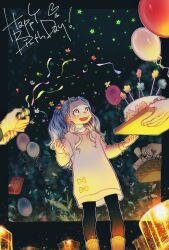 1boy 1girl 3others :d aged_up alternate_costume balloon basket birthday_cake black_border black_leggings blue_outline blurry blurry_background boku_no_hero_academia border bow box bright_pupils cake candlelight commentary dress dutch_angle embers envelope eri_(boku_no_hero_academia) feet_out_of_frame fingernails floating flower food gift gift_box glowing grey_hair half_updo hands_up happy happy_birthday heart highres holding holding_basket holding_gift holding_party_popper holding_tray horns ice icing leggings letter long_hair long_sleeves looking_to_the_side midoriya_izuku multiple_others open_hands open_mouth orange_footwear oru_2ji out_of_frame outline outside_border pantyhose paper party_popper picnic_basket pink_dress plant purple_outline red_bow red_eyes rolled_up_paper scar scar_on_hand shirt single_horn smile solo_focus sparkling_eyes standing star_(symbol) streamers tray turtleneck underlighting wavy_hair white_outline white_pupils white_shirt white_string yellow_bow