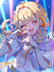 Rule 34 | 1girl, ;d, absurdres, belt, blonde hair, blush, braid, braided twintails, buttons, center-flap bangs, commentary request, diffraction spikes, fang, four-finger heart hands, frilled wrist cuffs, frills, fujita kotone, gakuen idolmaster, hairband, head tilt, heart, heart hands, highres, idolmaster, jacket, light particles, long hair, looking at viewer, low twin braids, low twintails, midriff, navel, official alternate costume, one eye closed, open mouth, sekaiichi kawaii watashi (idolmaster), shirt, short-sleeved jacket, short sleeves, skin fang, smile, solo, spotlight, sya0 ma0, twin braids, twintails, upper body, white hairband, white jacket, white shirt, wrist cuffs, yellow belt, yellow eyes