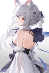 1girl absurdres animal_ear_fluff animal_ears back bare_shoulders breasts commentary_request crossed_bangs detached_sleeves dress floating_hair grey_background grey_hair hair_between_eyes hair_ornament highres long_hair looking_at_viewer looking_back medium_breasts negi_kome original parted_lips red_eyes sideboob sidelocks solo standing turning_head very_long_hair white_dress