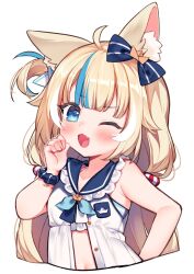 1girl :3 ahoge animal_ears blonde_hair blue_eyes blue_hair blush cat_ears dress fang highres indie_virtual_youtuber long_hair looking_at_viewer low_twintails multicolored_hair one_eye_closed one_side_up open_mouth sameko_saba sasha_chii skin_fang sleeveless sleeveless_dress smile solo streaked_hair twintails very_long_hair virtual_youtuber white_dress