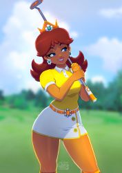 1girl artist_name belt belt_buckle blue_eyes blurry blurry_background breasts brown_hair buckle contrapposto crown dark-skinned_female dark_skin earrings eyelashes floral_print flower_earrings glint gloves golf golf_club grass grin half-closed_eyes highres holding holding_golf_club jewelry kneehighs legs_apart lips looking_away mario_(series) mario_golf mario_golf:_super_rush medium_breasts medium_hair nintendo nose nostrils orange_belt orange_gloves orange_socks outdoors parted_bangs parted_lips polo_shirt princess_daisy print_skirt shirt shirt_tucked_in short_sleeves signature single_glove skirt smile smirk smug socks solo standing thick_lips thighs tovio_rogers white_skirt yellow_shirt