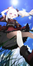 1girl absurdres black_boots black_jacket blue_archive blue_sky boots convenient_censoring flower from_below grass hair_flower hair_ornament halo hayate_(1034853996) highres jacket mutsuki_(blue_archive) open_mouth purple_eyes red_halo red_ribbon red_skirt ribbon shirt side_ponytail skirt sky solo standing sun v white_hair white_shirt
