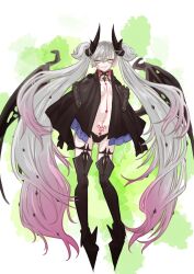 1girl asagirimao black_jacket black_panties boots breasts demon_wings fate/grand_order fate_(series) green_eyes high_heels highres horns jacket lilith_(fate) lilith_(second_ascension)_(fate) long_hair looking_at_viewer navel panties pointy_ears pubic_tattoo smile solo tattoo thigh_boots twintails underwear very_long_hair white_hair wings