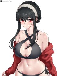 absurdres bare_shoulders bikini black_bikini black_hair blush breasts cleavage collarbone cowboy_shot highres jacket large_breasts nervous_smile red_eyes red_jacket riro_(breakthrough_rr) side-tie_bikini_bottom simple_background smile spy_x_family swimsuit white_background yor_briar
