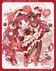 Rule 34 | 1girl, absurdres, animal ears, apron, bear ears, border, bow, cake, chiko (star pocco), chocolate, commentary request, dress, fake animal ears, fashion, food, fork, heart, heart-shaped food, highres, holding, holding cake, holding food, holding fork, holding plate, lolita fashion, looking at viewer, original, pantyhose, petticoat, plate, red border, red bow, red dress, red eyes, red hair, red shoes, sentient stuffed toy, shoes, smile, solo, striped clothes, striped pantyhose, stuffed animal, stuffed toy, sweet lolita, teddy bear, valentine, white apron