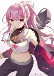 1girl bare_shoulders baseball_cap black_hat black_jacket black_pants breasts cleavage commentary_request crop_top gradient_background grey_background groin hat highres hololive hololive_english jacket long_hair long_sleeves looking_at_viewer medium_breasts midriff mori_calliope mori_calliope_(streetwear) nail_polish navel off_shoulder official_alternate_costume open_clothes open_jacket pants parted_lips pink_hair ponytail red_eyes red_nails shirt sleeves_past_wrists solo strap_slip twitter_username unworn_hat unworn_headwear very_long_hair virtual_youtuber white_background white_shirt yuusa