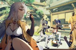 1boy 3girls ahoge animal_ears bangboo_(zenless_zone_zero) belle_(delicate_daylight)_(zenless_zone_zero) belle_(zenless_zone_zero) black_gloves blonde_hair blue_hair blush breasts brother_and_sister chinese_clothes chinese_commentary dress eous_(zenless_zone_zero) fingerless_gloves gloves green_eyes grey_hair hair_between_eyes hair_ornament high-waist_shorts holding holding_sword holding_weapon jacket jingxinzhiyun ju_fufu long_hair multiple_girls official_alternate_costume pantyhose short_hair shorts siblings sword tiger_ears tiger_girl tree weapon white_pantyhose wise_(soaring_crane)_(zenless_zone_zero) wise_(zenless_zone_zero) yellow_jacket yi_xuan_(zenless_zone_zero) zenless_zone_zero