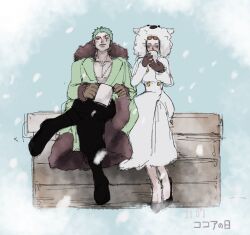 Rule 34 | 1boy, 1girl, black pants, blush, brown gloves, coat, commentary request, crossed arms, cup, dated, eyewear on head, full body, fur coat, gloves, green coat, hisarakanoi, holding, holding cup, hood, hooded coat, looking at viewer, nico robin, nico robin (punk hazard), one-eyed, one piece, pants, roronoa zoro, scar, scar across eye, scar on face, short hair, snow, stitched torso, stitches, white coat