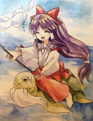 +++ 1girl barefoot blue_sky closed_eyes commentary_request detached_sleeves flat_chest genjii_(touhou) hair_ribbon hakama hakama_pants hakurei_reimu hakurei_reimu_(pc-98) highres japanese_clothes kaigen_1025 kimono long_hair long_sleeves low-tied_long_hair open_mouth painting_(medium) pants pointing pointing_forward purple_hair red_pants red_ribbon ribbon ribbon-trimmed_kimono ribbon_trim riding riding_animal sitting sky smile straight_hair touhou touhou_(pc-98) traditional_media turtle watercolor_(medium) white_kimono white_sleeves