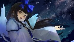 Rule 34 | 1girl, :d, blue bow, blue dress, blunt bangs, bow, brown eyes, brown hair, commentary request, dress, eneshi, eyebrows hidden by hair, fairy wings, frilled shirt collar, frills, from below, from side, hair bow, hand up, happy, highres, light blush, long hair, long sleeves, looking at viewer, night, night sky, open mouth, outdoors, sidelocks, signature, sky, smile, solo, star (sky), star sapphire, starry sky, touhou, upper body, wide sleeves, wings