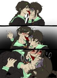 2girls black_background black_hair black_serafuku blush braid brown_hair corrupted_twitter_file crazy_smile crying crying_with_eyes_open danganronpa:_trigger_happy_havoc danganronpa_(series) dual_persona finger_in_another&#039;s_mouth forced_kiss french_kiss fukawa_toko genocider_shou glasses gradient_background green_sailor_collar hamuseutta hand_on_another&#039;s_arm heavy_breathing highres kiss licking licking_another&#039;s_face long_hair long_sleeves long_tongue low_twin_braids mole mole_under_mouth multiple_girls multiple_views nervous_sweating nose_blush open_mouth red_eyes rolling_eyes round_eyewear sailor_collar scared school_uniform selfcest sequential serafuku smile strangling sweat tears tongue turn_pale twin_braids very_sweaty white_background yellow_eyes yuri
