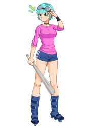 1girl absurdres adjusting_eyewear arm_at_side arm_up baseball_bat black_eyes blue_boots blue_hair blue_shorts boots breasts choker closed_mouth commentary double_vertical_stripe english_commentary eyebrows_hidden_by_hair frown full_body furrowed_brow glaring goggles goggles_on_head grey_choker hair_flaps half-closed_eyes hand_on_own_head highres invisible_floor knees legs_apart light_blush long_eyelashes long_legs looking_to_the_side matheus_felipe medium_breasts metal_baseball_bat narrowed_eyes notice_lines parted_hair pink_shirt ramona_flowers roller_skates scott_pilgrim_(comics) scott_pilgrim_(series) shirt short_hair short_shorts shorts sidelocks simple_background skates solo standing swept_bangs thick_eyelashes thighs three-quarter_sleeves tsurime turning_head v-shaped_eyebrows white_background wrist_guards