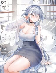 1girl absurdres alternate_breast_size bed black_choker black_hair book breasts cat chinese_commentary choker closed_mouth commentary_request earrings grey_hair herrscher_of_sentience highres honkai_(series) honkai_impact_3rd jewelry jingwei_(bird) long_hair long_sleeves mixed-language_commentary necklace partial_commentary red_eyes skirt solo very_long_hair yilisi