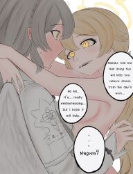 2girls arms_around_neck blonde_hair blue_archive blush breasts clothed_female_nude_female coat english_text feathered_wings green_eyes grey_hair halo hifumi_(blue_archive) highres long_hair long_sleeves medal_(baowaannnn) multiple_girls nagisa_(blue_archive) nipples nude parted_lips simple_background small_breasts speech_bubble trembling twintails white_background white_coat wings yellow_eyes yuri