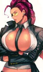 Rule 34 | 1girl, absurdres, between breasts, breasts, crimson viper, crossed arms, dark-skinned female, dark skin, formal clothes, highres, huge breasts, looking at viewer, necktie, necktie between breasts, pant suit, pants, pompadour, red hair, simple background, solo, standing, street fighter, street fighter iv (series), suit, tinted eyewear, upper body, white background, yellow-tinted eyewear, zmy-ssh, zuman (zmnjo1440)