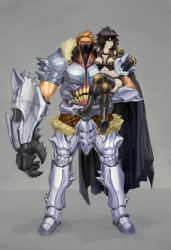 1boy 1girl absurdres armor black_cape black_hair blonde_hair breastplate cape claws colored_sclera colored_skin couple fur_trim gauntlets greaves grey_background hair_between_eyes highres holding holding_person knight crossed_legs living_armor longan_huynh muscular original parted_lips pauldrons pink_lips purple_skin red_eyes red_sclera runes sharp_teeth short_hair shoulder_armor sitting size_difference spikes standing teeth vambraces veins warrior white_armor yellow_eyes
