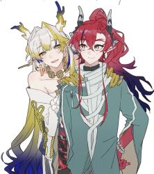 1boy 1girl :d arknights bare_shoulders beads behind_another blonde_hair brother_and_sister closed_mouth coat colored_extremities cowboy_shot dragon_girl dragon_horns earrings fingernails gradient_hair green_eyes grey_coat hair_between_eyes hair_intakes hand_on_own_hip hands_on_another&#039;s_shoulders horns jewelry long_hair looking_at_another looking_at_viewer multicolored_hair necklace notf_404 off_shoulder open_mouth pointy_ears purple_hair red_hair shu_(arknights) siblings simple_background smile split_mouth standing very_long_hair white_background white_hair yu_(arknights)