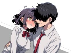 1boy 1girl absurdres black_hair blush bow bowtie breasts collared_shirt commentary_request couple embarrassed face-to-face grey_hair hair_intakes hair_over_eyes hetero highres large_breasts maorisu_henkyo_haku necktie original shirt short_hair smile sweat yellow_eyes