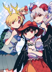 4girls animal animal_on_head ascot baby_animal bird bird_on_head black_wings blonde_hair blue_background blue_bow blue_shirt blue_skirt bow brown_hat chick closed_mouth commentary_request cowboy_hat dragon_horns hat holding holding_spork horn_ornament horn_ribbon horns itomugi-kun kicchou_yachie kurokoma_saki looking_at_viewer multicolored_hair multiple_girls niwatari_kutaka off-shoulder_shirt off_shoulder on_head oversized_object rectangular_pupils red_ascot red_eyes red_hair red_horns ribbon sharp_teeth sheep_horns shirt short_hair skirt spork teeth touhou toutetsu_yuuma turtle_shell two-tone_hair wings yellow_horns yellow_wings