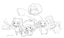 5girls :d =_= afterimage animal_ears animal_hat axe capriccio cat_ears cat_girl cat_tail chibi closed_eyes collared_dress collared_shirt commentary_request dated dog_ears dog_tail dress dual_wielding elden_ring elden_ring_nightreign fake_animal_ears fire flaming_weapon greyscale hair_between_eyes hair_ornament hairclip hat holding holding_axe holding_sword holding_weapon hood hood_up hooded_jacket jacket long_sleeves monochrome motion_lines multiple_girls newsboy_cap open_mouth original pleated_skirt shirt simple_background skirt sleeves_past_fingers sleeves_past_wrists small_sweatdrop smile solid_oval_eyes speed_lines sweat sword tail triangular_headpiece weapon white_background wide_sleeves