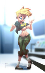 1girl blonde_hair blue_eyes breasts earrings genderswap genderswap_(mtf) highleg highleg_panties jewelry johnny_test large_breasts lipstick makeup navel niveus-diabolus panties pants panty_peek shoes socks solo tagme underboob underwear wide_hips