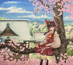 Rule 34 | 1girl, ascot, bare shoulders, black shoes, blue sky, bow, box, branch, brown eyes, brown hair, cherry blossoms, closed mouth, cloud, cloudy sky, collared dress, detached sleeves, donation box, door, dress, flower, frills, gensokyo, gohei, grass, grey socks, hair between eyes, hair ornament, hair tubes, hakurei reimu, hakurei shrine, house, long sleeves, looking at viewer, mountain, orange ascot, outdoors, pink flower, red bow, red dress, rock, shadow, shiratama (hockey), shoes, short hair, shrine, sidelocks, sitting, sky, smile, socks, solo, spring (season), sunlight, touhou, traditional media, tree, wide sleeves