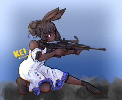 Rule 34 | 1girl, absurdres, alternate weapon, animal ears, black boots, black hair, blue eyes, blue ribbon, boots, celesionnn, commentary, dark-skinned female, dark skin, dress, english commentary, frilled dress, frills, full body, gepard gm6 lynx, gun, hair bun, hair ribbon, highres, holding, holding gun, holding weapon, looking afar, off-shoulder dress, off shoulder, rabbit and steel, rabbit ears, rabbit girl, ribbon, short hair, single hair bun, sniper rabbit, solo, weapon, white dress