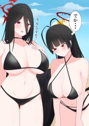 Rule 34 | 2girls, absurdres, antenna hair, bikini, black bikini, black hair, blood, blood halo, blue archive, blue sky, blush, breasts, closed mouth, cloud, cloudy sky, commentary request, day, flower, hair flower, hair ornament, halo, halterneck, hasumi (blue archive), highres, huge breasts, liquid halo, long hair, makkura!, multiple girls, navel, red eyes, red halo, sky, speech bubble, sweatdrop, swimsuit, thought bubble, tsurugi (blue archive), tsurugi (swimsuit) (blue archive)