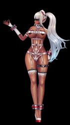 1girl 3d action_taimanin alternate_costume alternate_hairstyle animated ass bare_legs bare_shoulders blindfold blue_eyes blush bondage_outfit bouncing_breasts breasts cleavage collar curvy dark-skinned_female dark_elf dark_skin eleonor_(taimanin_rpgx) elf fingerless_gloves full_body gloves green_eyes heart heart_pasties highres huge_breasts leotard lilith-soft lingerie long_hair pasties pointy_ears pubic_tattoo revealing_clothes see-through_clothes shiny_skin smile sound tagme taimanin_(series) talking tattoo twintails underwear very_long_hair video white_hair white_leotard wide_hips