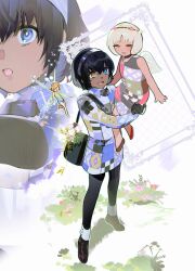 1boy 2girls :d ^_^ bag black_bag black_hair black_pants blonde_hair blue_eyes carrying carrying_person closed_eyes dark-skinned_female dark-skinned_male dark_skin fairy full_body gallica_(metaphor:_refantazio) gapamopa hair_between_eyes hairband heterochromia highres maria_(metaphor:_refantazio) metaphor:_refantazio mini_person minigirl multiple_girls open_mouth pants protagonist_(metaphor:_refantazio) short_hair shoulder_bag sitting_on_shoulder smile yellow_eyes