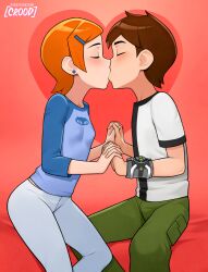 1boy 1girl artist_logo ben_10 ben_tennyson blue_shirt blush breasts brown_hair closed_eyes commentary cousins covered_erect_nipples earrings english_commentary feet_out_of_frame french_kiss green_pants grey_pants gwen_tennyson hair_ornament hairclip hands_up heart hetero highres holding_hands incest jewelry kiss logo long_sleeves loodncrood orange_hair pants pink_background shirt short_hair short_sleeves sitting small_breasts stud_earrings white_shirt