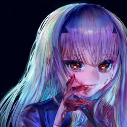 Rule 34 | 1girl, black background, blood, blood on face, blood on hands, cropped shoulders, eyelashes, fate/grand order, fate (series), finger to mouth, hair ornament, hairclip, highres, irobidsw, long hair, looking at viewer, melusine (fate), melusine (second ascension) (fate), sidelocks, simple background, solo, white hair, wiping blood, yellow eyes