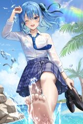 1girl absurdres alternate_costume bare_shoulders barefoot bikini bikini_under_clothes bird black_shoes blue_eyes blue_hair blue_necktie blue_skirt blue_sky breasts cloud collared_shirt commentary_request feet foreshortening highres holding holding_shoes hololive hoshimachi_suisei long_hair looking_at_viewer nakaneabura8623 necktie one_eye_closed revision school_uniform seagull see-through_clothes see-through_shirt shirt shoes skirt sky small_breasts soles solo star_(symbol) star_in_eye striped_bikini striped_clothes swimsuit symbol_in_eye toes virtual_youtuber wet wet_clothes white_shirt