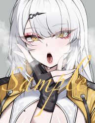 Rule 34 | 1girl, black gloves, blush, breasts, eyeshadow, fingerless gloves, gloves, hair ornament, highres, large breasts, long hair, looking at viewer, makeup, meowlin, open mouth, red eyeshadow, saliva, solo, tongue, tongue out, white hair, yellow eyes, yixuan (zenless zone zero), zenless zone zero
