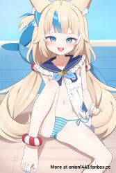 1girl animal_ears barefoot bikini bikini_bottom_only blonde_hair blue_bikini blue_eyes blue_hair blue_nails blue_sailor_collar cat_ears dress fins fish_girl fish_tail frilled_sailor_collar frills highres indie_virtual_youtuber knee_up lifebuoy_hair_ornament long_hair looking_at_viewer low_twintails multicolored_hair nail_polish navel one_side_up onion_(tamanegi) open_fress open_mouth sailor_collar sailor_dress sameko_saba shark_tail sitting sleeveless sleeveless_dress solo streaked_hair string_bikini striped_bikini striped_clothes swimsuit tail teeth toenail_polish toenails twintails upper_teeth_only very_long_hair virtual_youtuber white_dress white_hair