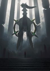 1other absurdres arceus asteroid_ill creatures_(company) game_freak gen_4_pokemon highres legendary_pokemon mythical_pokemon nintendo pillar pokemon pokemon_(creature) red_eyes size_difference spear_pillar spot_color
