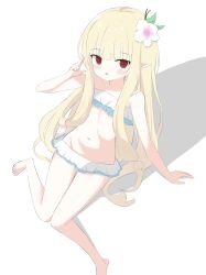 1girl absurdres barefoot bikini blonde_hair character_request check_character check_copyright copyright_request frilled_bikini frills highres long_hair multicolored_bikini navel pointy_ears red_eyes simple_background solo swimsuit two-tone_bikini user_yths2234