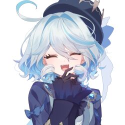 1girl antenna_hair ascot black_gloves blue_ascot blue_bow blue_brooch blue_coat blue_hair blue_hat bow closed_eyes coat coat_bow commentary dot_nose furina_(genshin_impact) furrowed_brow genshin_impact gloves hair_intakes hand_up hat highres light_blue_hair long_hair long_sleeves looking_at_viewer mochizuki_mochi multicolored_hair ojou-sama_pose open_clothes open_coat open_mouth shirt short_shorts shorts simple_background smile solo teeth top_hat two-tone_hair upper_body upper_teeth_only very_long_hair wavy_hair wavy_mouth white_background white_gloves white_shirt white_shorts