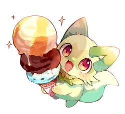 blush commentary_request drooling fang food highres holding holding_food holding_ice_cream ice_cream ice_cream_cone nintendo no_humans open_mouth pink_eyes pokemon pokemon_(creature) pokemon_focus rearing revision simple_background smile solo sprigatito standing white_background yupo_0322