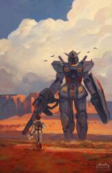 1boy amuro_ray artist_logo beam_rifle bird blue_sky brown_hair cloud cloudy_sky commentary day desert energy_gun english_commentary facing_away genel_jumalon gun gundam helmet highres holding holding_gun holding_helmet holding_shield holding_weapon logo mecha mecha_pilot_suit mobile_suit mobile_suit_gundam normal_suit_(gundam) outdoors pilot_helmet pilot_suit robot rx-78-2_gundam science_fiction shield short_hair sky spacesuit standing unworn_headwear unworn_helmet v-fin walking weapon