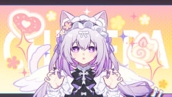 1girl :o alternate_costume animal_ear_fluff animal_ears black_bow black_dress bow castorice_(honkai:_star_rail) cat_ears cat_girl cat_tail claw_pose colored_inner_hair dress flower frills grey_hair hair_between_eyes hair_bow hair_flower hair_ornament hairband hands_up heart highres honkai:_star_rail honkai_(series) letterboxed long_hair long_sleeves looking_at_viewer maid_headdress multicolored_hair parted_lips pink_eyes pink_hair purple_eyes purple_hair shirt solo tail upper_body very_long_hair virtual_youtuber white_wings wings xiaohutu