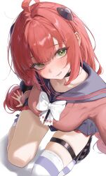 Rule 34 | 1girl, absurdres, ahoge, asymmetrical legwear, black boots, black choker, black sailor collar, black skirt, blush, boots, bow, cardigan, chest bow, choker, commentary request, from above, green eyes, highres, long hair, looking at viewer, pink cardigan, red hair, sailor collar, sihana156, simple background, single sock, single thighhigh, skirt, smirk, socks, solo, sphere hair ornament, squatting, striped clothes, striped socks, striped thighhighs, sweatdrop, thigh strap, thighhighs, ukinami yuzuha, uneven legwear, white background, white bow, zenless zone zero