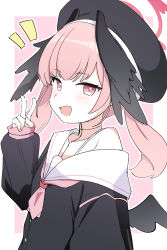 Rule 34 | 1girl, arm at side, beret, black hat, black shirt, black wings, blue archive, blush, body markings, border, bra strap, buttons, collarbone, commentary, feathered wings, grey pupils, halo, hand up, hat, hayoo ww, head wings, highres, koharu (blue archive), long sleeves, looking at viewer, low wings, medium hair, multiple wings, notice lines, open mouth, outline, outside border, pink background, pink eyes, pink hair, pink halo, puffy long sleeves, puffy sleeves, sailor collar, sailor shirt, school uniform, serafuku, shirt, simple background, single bare shoulder, sleeves past wrists, smile, solo, twintails, upper body, v, white border, white outline, white sailor collar, winged halo, wings