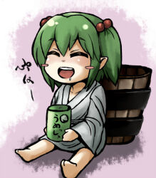 1girl :d barefoot bucket closed_eyes commentary_request cup full_body green_hair grey_kimono hair_bobbles hair_ornament hanemikakko holding holding_cup japanese_clothes kimono kisume open_mouth pink_background pointy_ears short_hair sitting smile solo touhou translation_request wooden_bucket yunomi