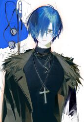 1boy alternate_costume bespectacled black_fur black_jacket black_shirt blue_eyes closed_mouth crescent cross cross_necklace digital_media_player digital_walkman fur-trimmed_jacket fur_trim glasses hair_over_one_eye headphones highres jacket jewelry looking_to_the_side male_focus miyu_(shiyemiyu) multiple_necklaces necklace parted_bangs persona persona_3 shirt sideways_glance solo turtleneck unzipped walkman_nw-s203f yuuki_makoto_(persona_3) zipper
