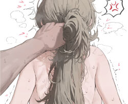 1boy 1girl anger_vein backboob breasts brown_hair commentary completely_nude grabbing_another&#039;s_hair hetero large_breasts long_hair mochirong nude original sex sex_from_behind spoken_anger_vein sweat symbol-only_commentary trembling white_background